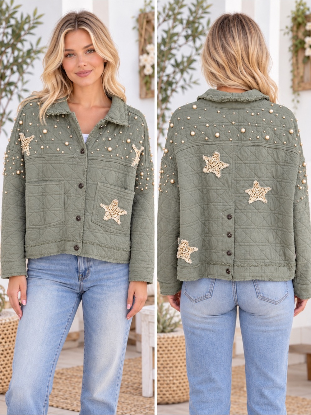 352 NWOT POL Oversized Medium Quilted Jacket with Pearl Studs & Star Appliqués